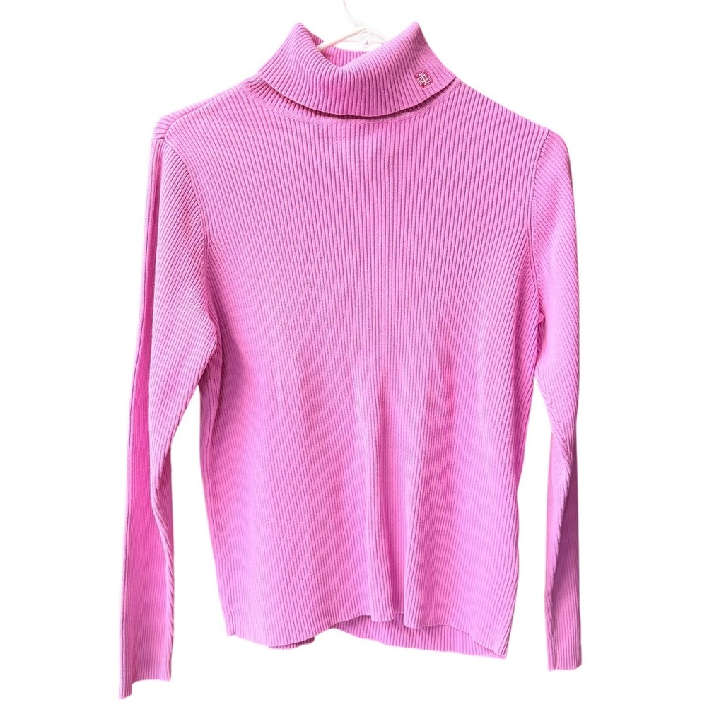 Lauren Ralph Lauren Turtleneck Womens Large Pink Ribbed Knit 100% Cotton Sweater